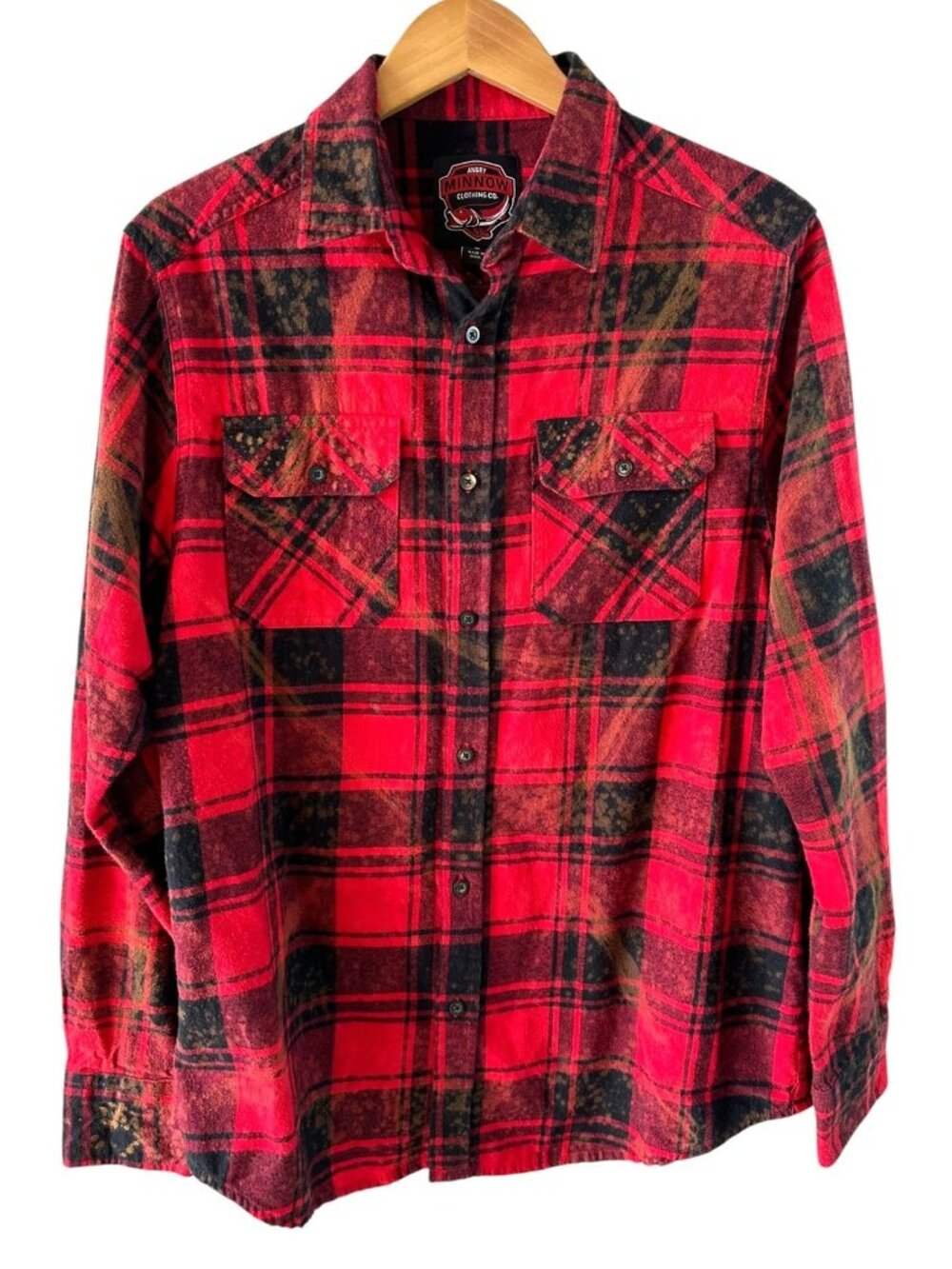Angry Minnow Red Black Plaid Flannel Shirt Retro Back Patch Cotton Size L - Picture 2 of 6